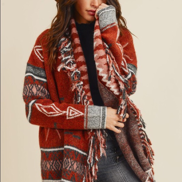 Sweater Cardigan Fringe Tribal Retro Knit Rust